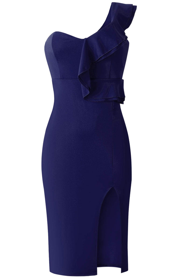 Valentino One Shoulder Ruffle Bodycon Midi Dress - Navy Blue - Daily Chic