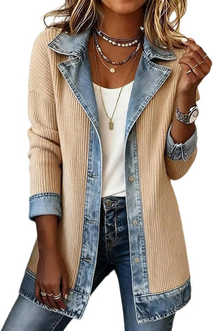 Denim Blazer for Women Patchwork Knit Cardigan Denim Sweater Jacket