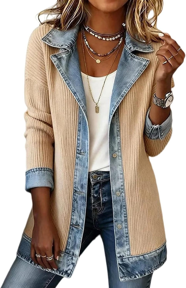 Denim Blazer for Women Patchwork Knit Cardigan Denim Sweater Jacket