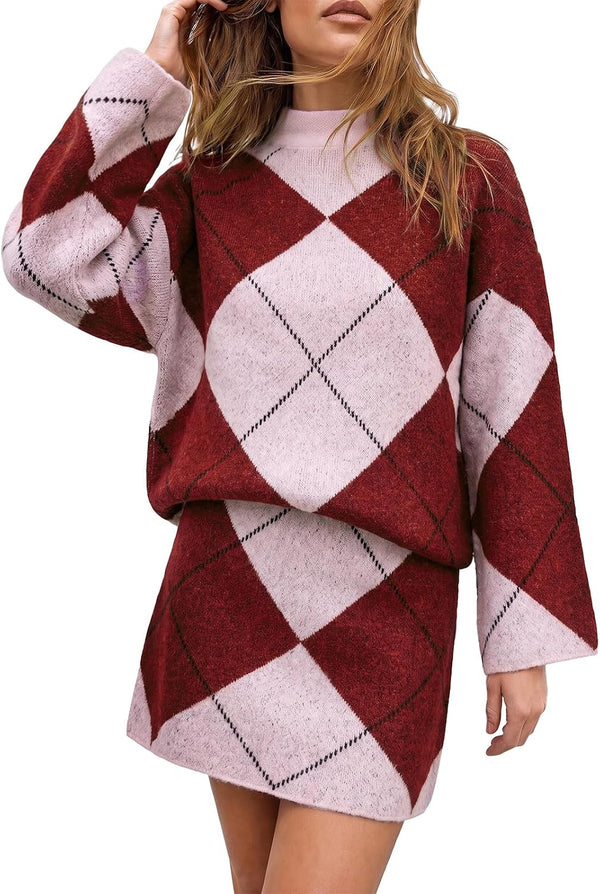 Diamond Darling Argyle Sweater 2 Piece Set - Brown, Camel, White, Khaki, Grey