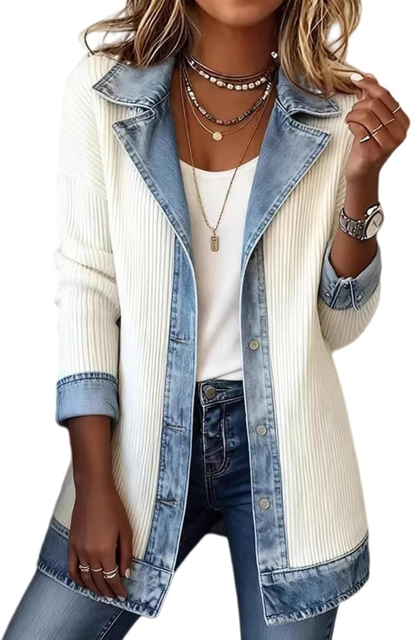 Denim Blazer for Women Patchwork Knit Cardigan Denim Sweater Jacket