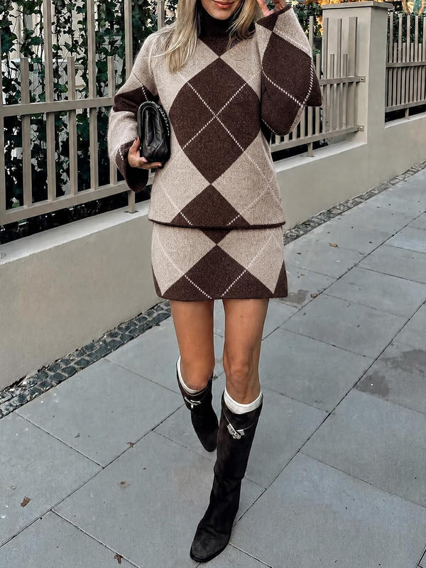 Diamond Darling Argyle Sweater 2 Piece Set - Brown, Camel, White, Khaki, Grey
