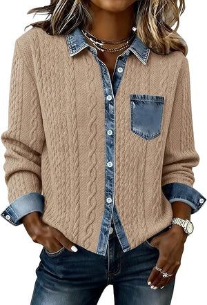 Denim Daydream Cable-Knit Cropped Shacket - Army, Apricot, Black, Grey, Navy, White