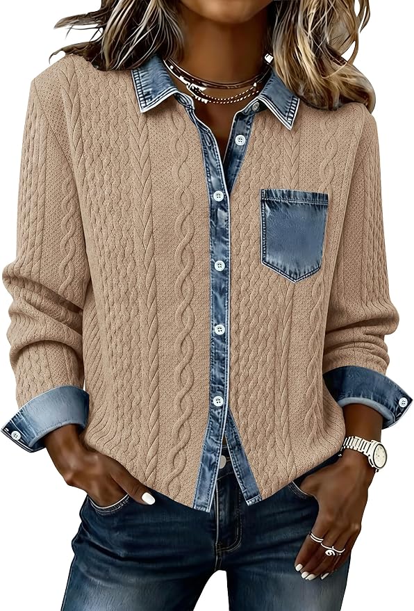 Denim Daydream Cable-Knit Cropped Shacket - Army, Apricot, Black, Grey, Navy, White