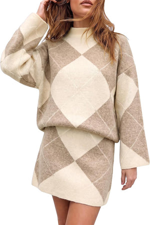 Diamond Darling Argyle Sweater 2 Piece Set - Brown, Camel, White, Khaki, Grey