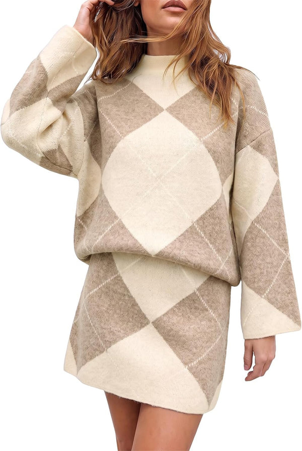 Diamond Darling Argyle Sweater 2 Piece Set - Brown, Camel, White, Khaki, Grey