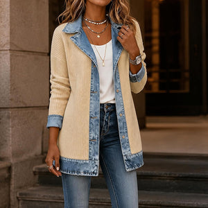 Denim Blazer for Women Patchwork Knit Cardigan Denim Sweater Jacket