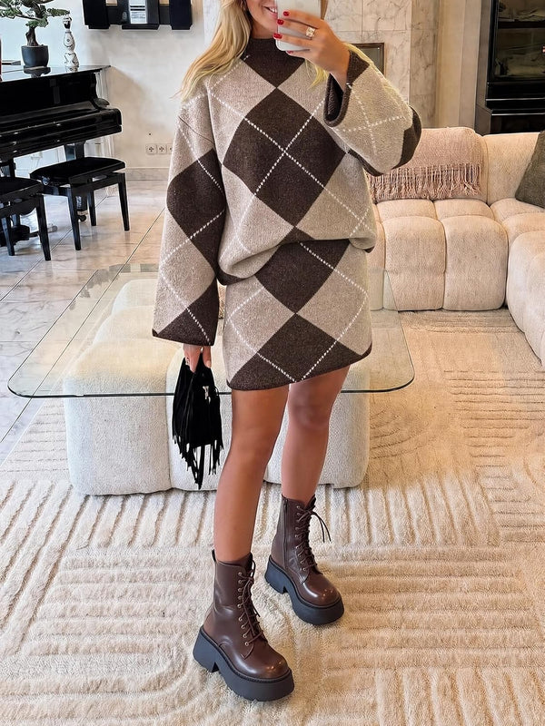 Diamond Darling Argyle Sweater 2 Piece Set - Brown, Camel, White, Khaki, Grey