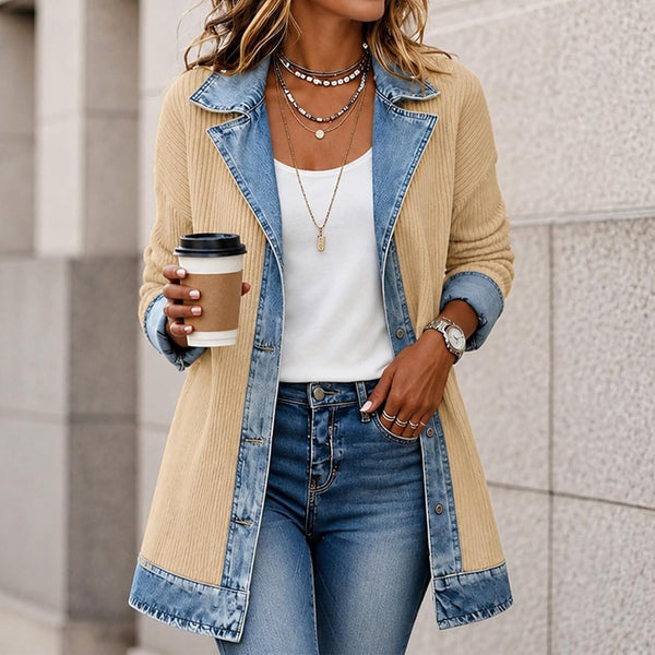 Denim Blazer for Women Patchwork Knit Cardigan Denim Sweater Jacket