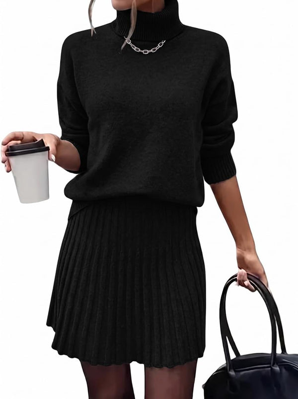 Posh In Pleats Turtleneck Sweater Set - Brown, Beige, Black, Grey
