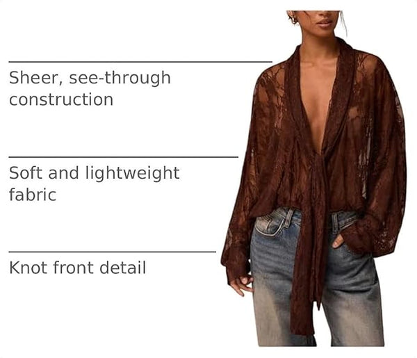 After Hours Sheer Lace Tie-Front Blouse - Brown, Black, Olive