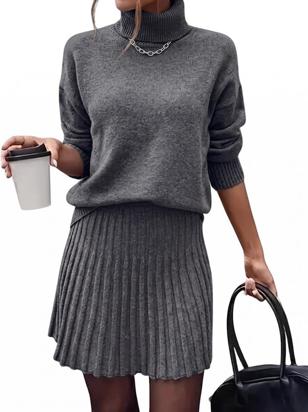 Posh In Pleats Turtleneck Sweater Set - Brown, Beige, Black, Grey