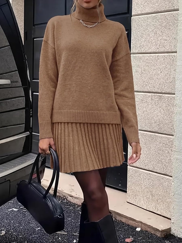 Posh In Pleats Turtleneck Sweater Set - Brown, Beige, Black, Grey