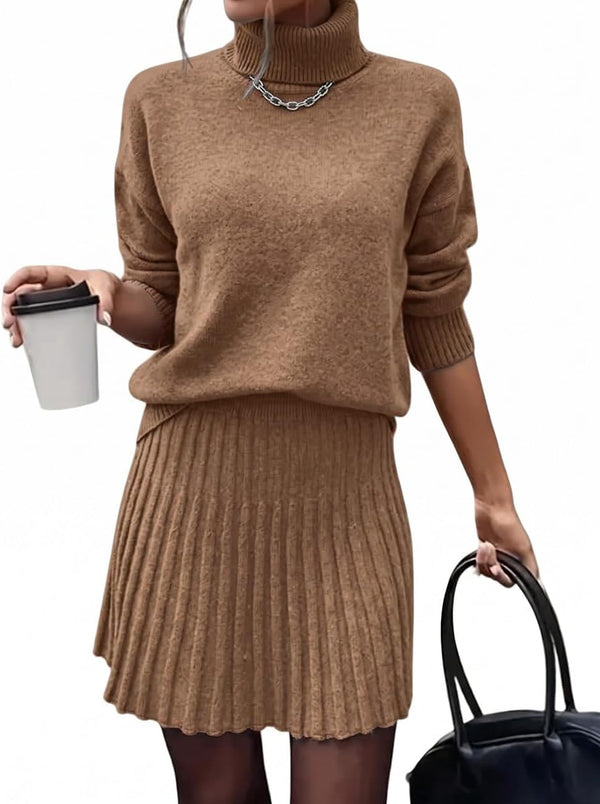 Posh In Pleats Turtleneck Sweater Set - Brown, Beige, Black, Grey