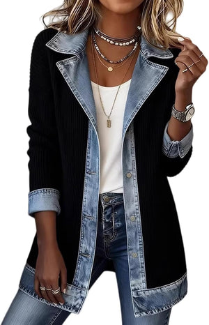 Denim Blazer for Women Patchwork Knit Cardigan Denim Sweater Jacket