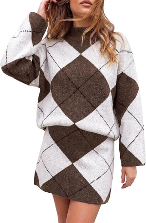 Diamond Darling Argyle Sweater 2 Piece Set - Brown, Camel, White, Khaki, Grey