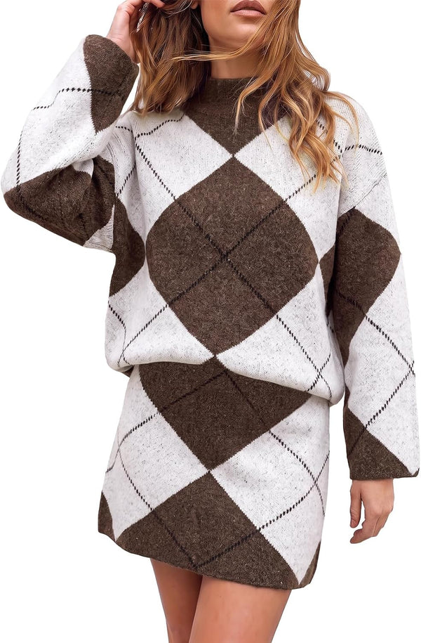 Diamond Darling Argyle Sweater 2 Piece Set - Brown, Camel, White, Khaki, Grey