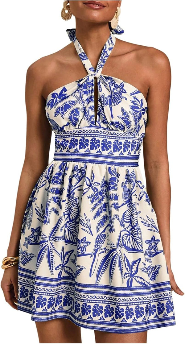 Santorini Tie-Back Mini Dress - Blue + White / Green + White