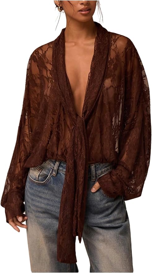 After Hours Sheer Lace Tie-Front Blouse - Brown, Black, Olive