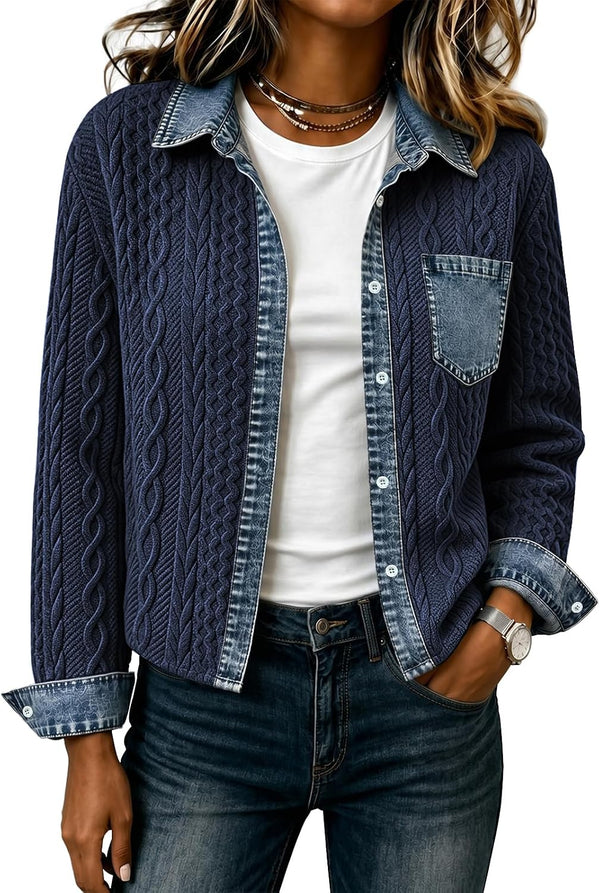 Denim Daydream Cable-Knit Cropped Shacket - Army, Apricot, Black, Grey, Navy, White