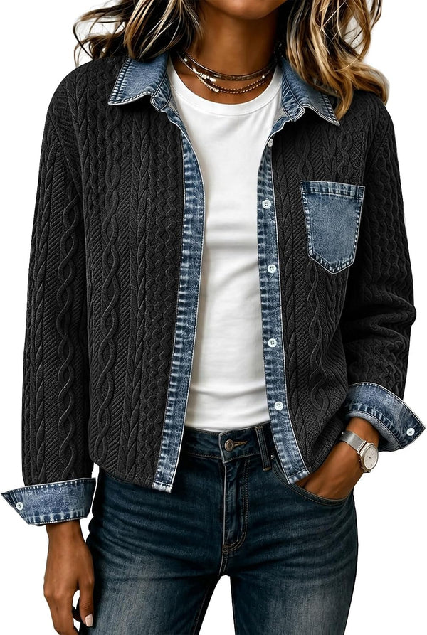 Denim Daydream Cable-Knit Cropped Shacket - Army, Apricot, Black, Grey, Navy, White