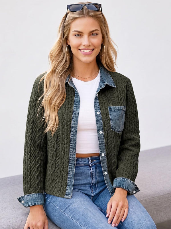 Denim Daydream Cable-Knit Cropped Shacket - Army, Apricot, Black, Grey, Navy, White
