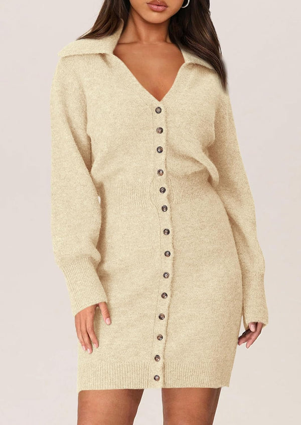 Buttoned-Up Beauty Mini Sweater Dress - Beige, Olive, Black