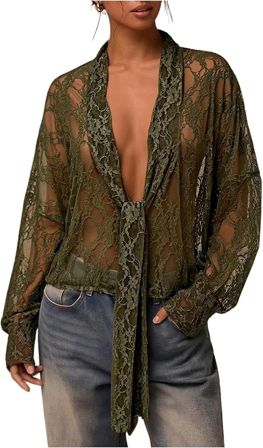 After Hours Sheer Lace Tie-Front Blouse - Brown, Black, Olive