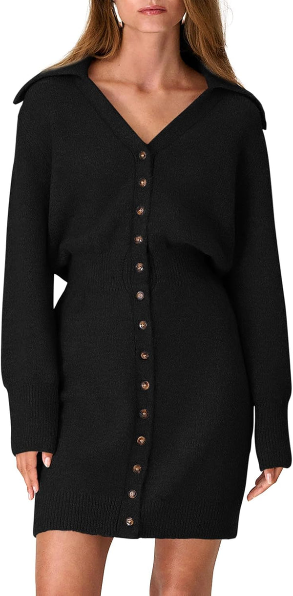 Buttoned-Up Beauty Mini Sweater Dress - Beige, Olive, Black