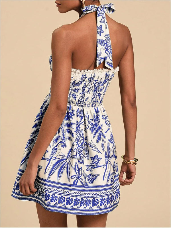 Santorini Tie-Back Mini Dress - Blue + White / Green + White