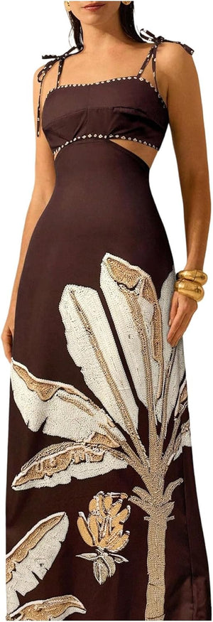 Havana Brown Botanical Cutout Maxi Dress