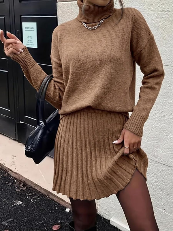 Posh In Pleats Turtleneck Sweater Set - Brown, Beige, Black, Grey