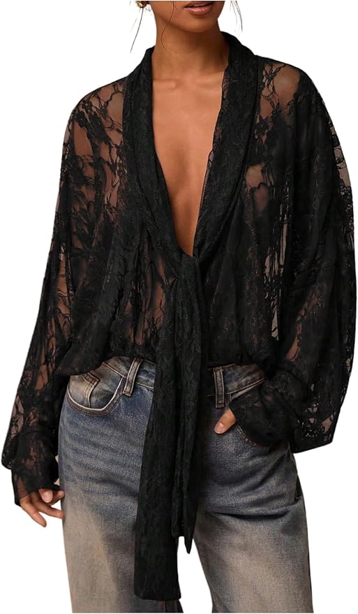 After Hours Sheer Lace Tie-Front Blouse - Brown, Black, Olive