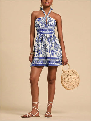 Santorini Tie-Back Mini Dress - Blue + White / Green + White