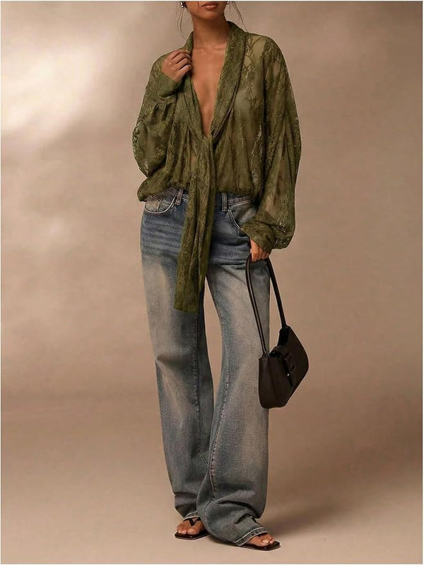 After Hours Sheer Lace Tie-Front Blouse - Brown, Black, Olive