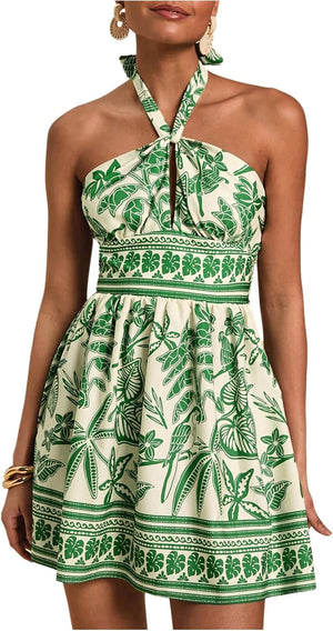 Santorini Tie-Back Mini Dress - Blue + White / Green + White