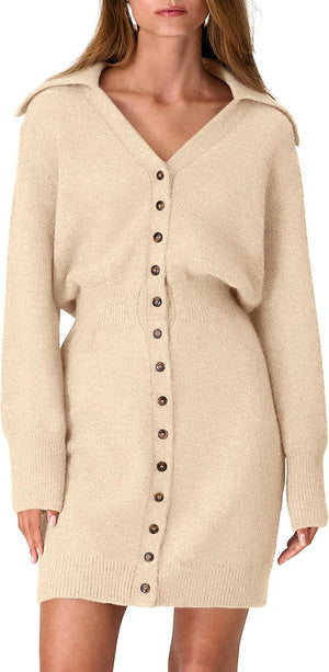Buttoned-Up Beauty Mini Sweater Dress - Beige, Olive, Black