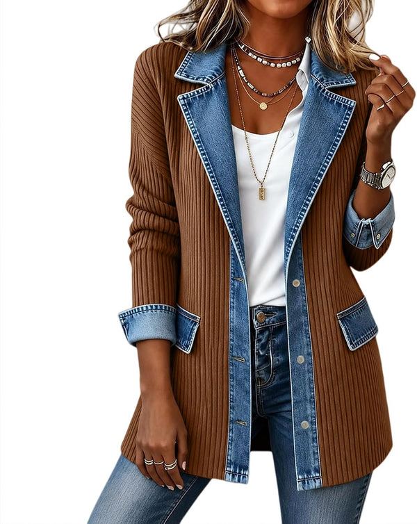Denim Blazer for Women Patchwork Knit Cardigan Denim Sweater Jacket