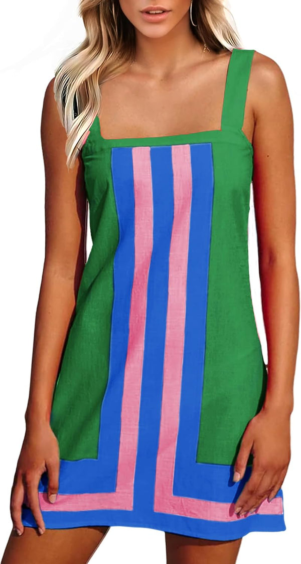 Women'S Striped Mini Dress Boho Shoulder Strap Sundress Summer Cover up Dress for Beach