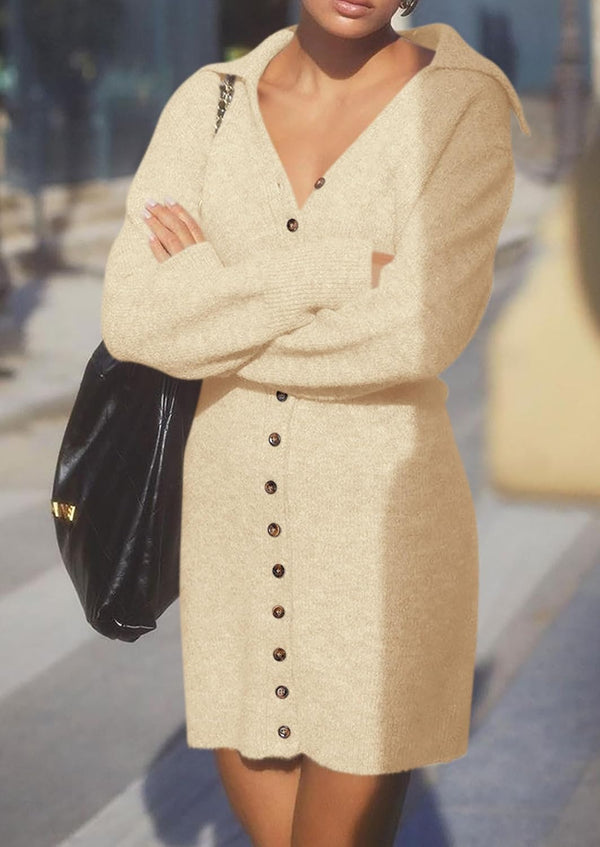 Buttoned-Up Beauty Mini Sweater Dress - Beige, Olive, Black