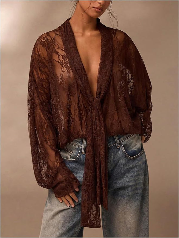 After Hours Sheer Lace Tie-Front Blouse - Brown, Black, Olive
