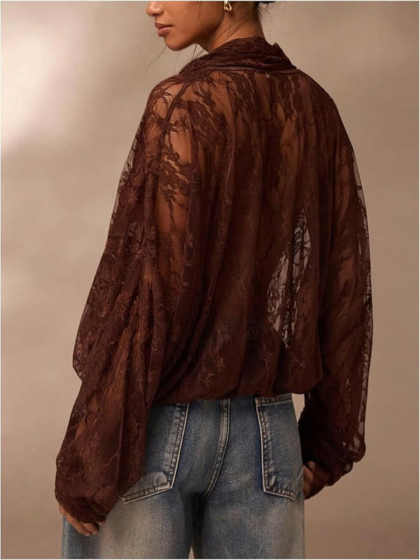 After Hours Sheer Lace Tie-Front Blouse - Brown, Black, Olive