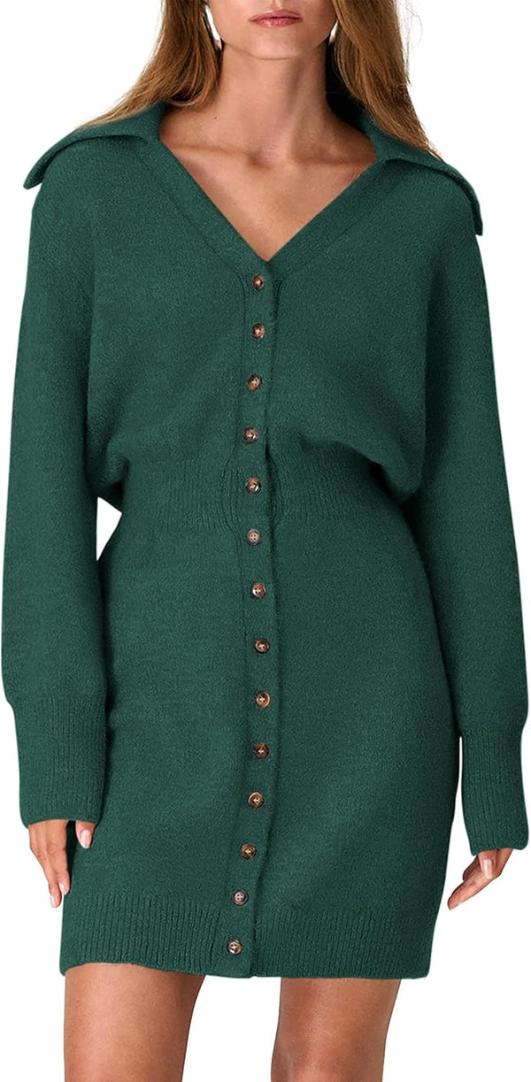 Buttoned-Up Beauty Mini Sweater Dress - Beige, Olive, Black