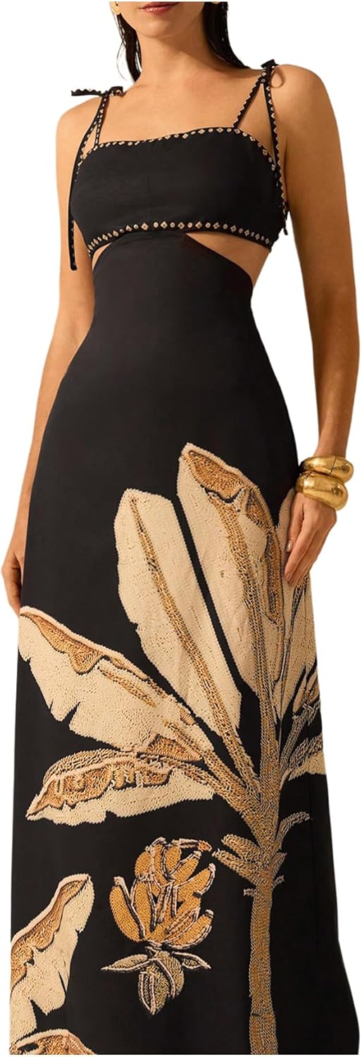 Havana Brown Botanical Cutout Maxi Dress