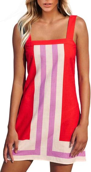 Women'S Striped Mini Dress Boho Shoulder Strap Sundress Summer Cover up Dress for Beach