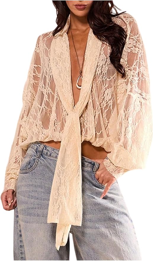 After Hours Sheer Lace Tie-Front Blouse - Brown, Black, Olive