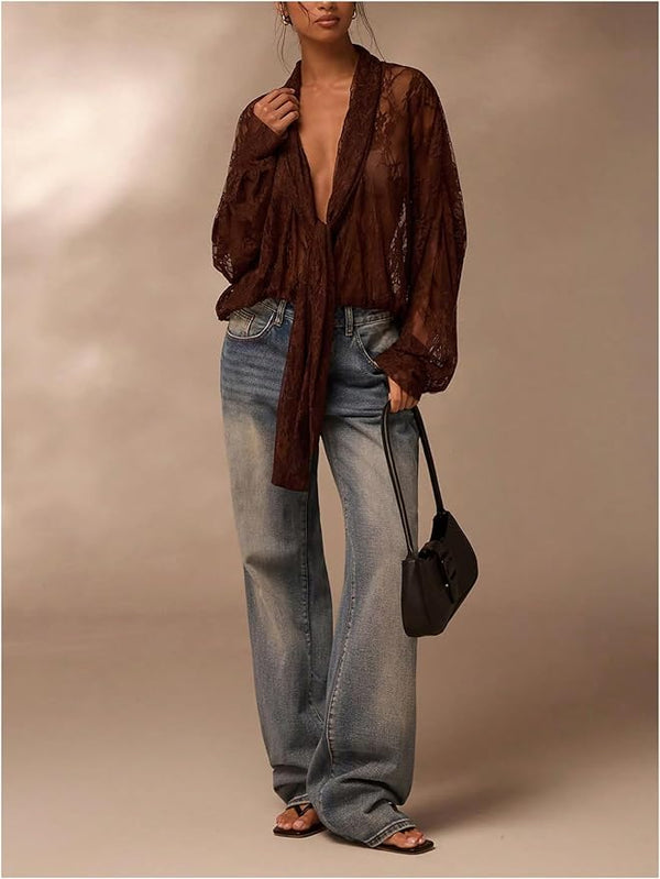 After Hours Sheer Lace Tie-Front Blouse - Brown, Black, Olive