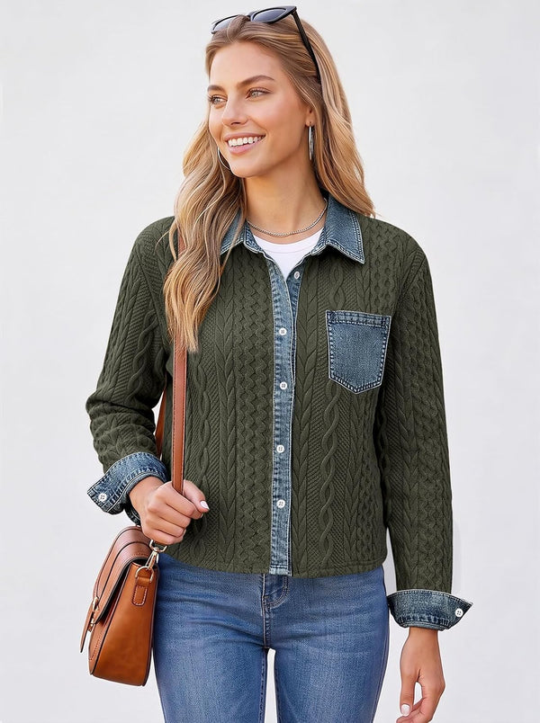 Denim Daydream Cable-Knit Cropped Shacket - Army, Apricot, Black, Grey, Navy, White