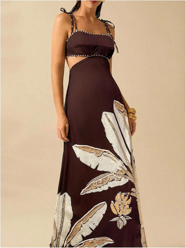 Havana Brown Botanical Cutout Maxi Dress