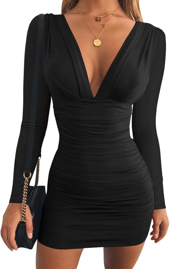 Nadia Long Sleeve Deep V Plunge Dress - Black